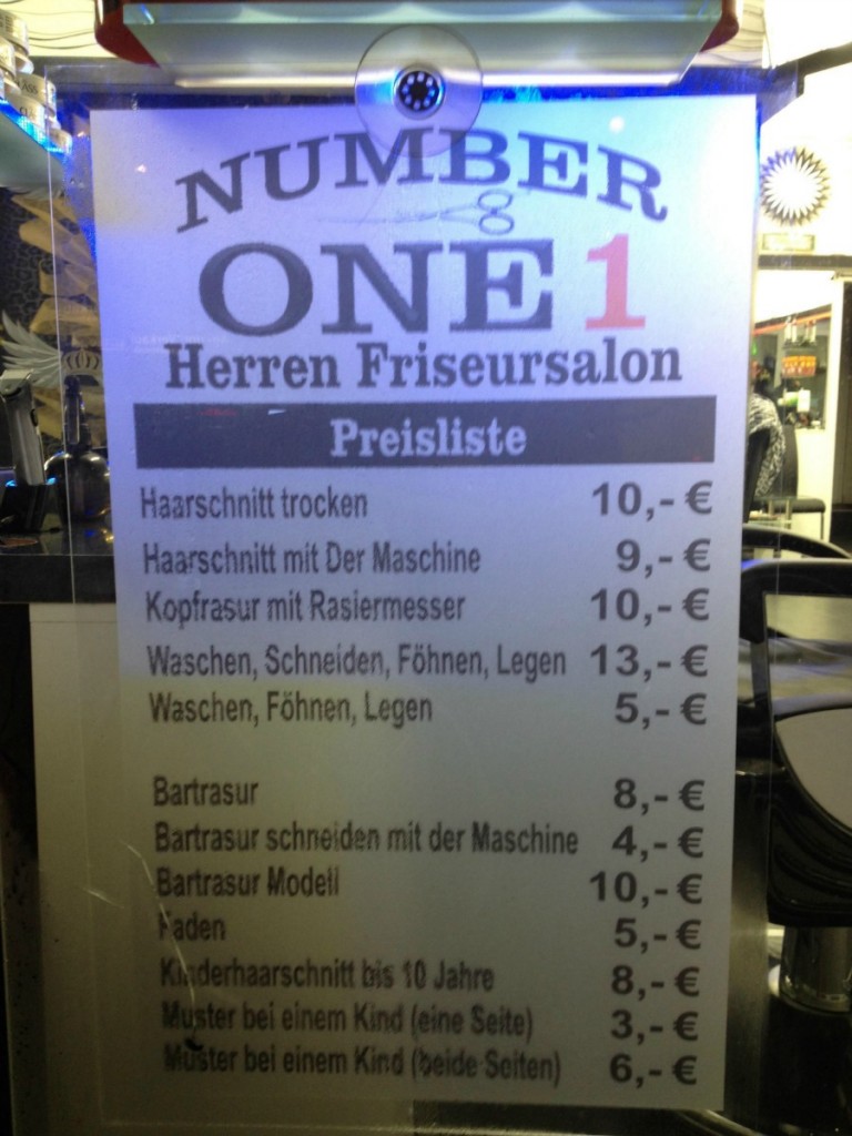 No. One Herren Frisör Preisliste